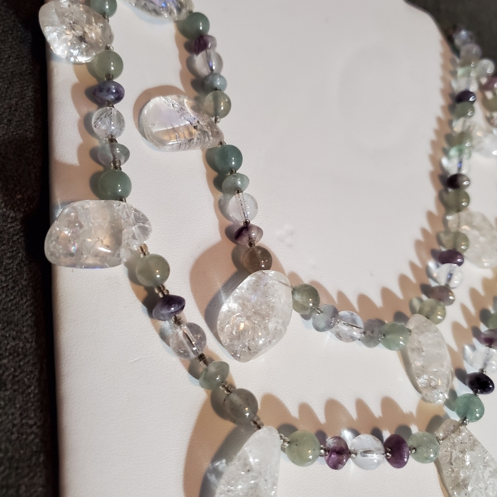 Double Strand Necklace & Earrings - Quarts Crystal, Fluorite, Amethyst